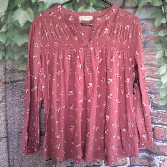 Boho Salmon Floral 1/4 Button Down Top - Picture 1 of 5
